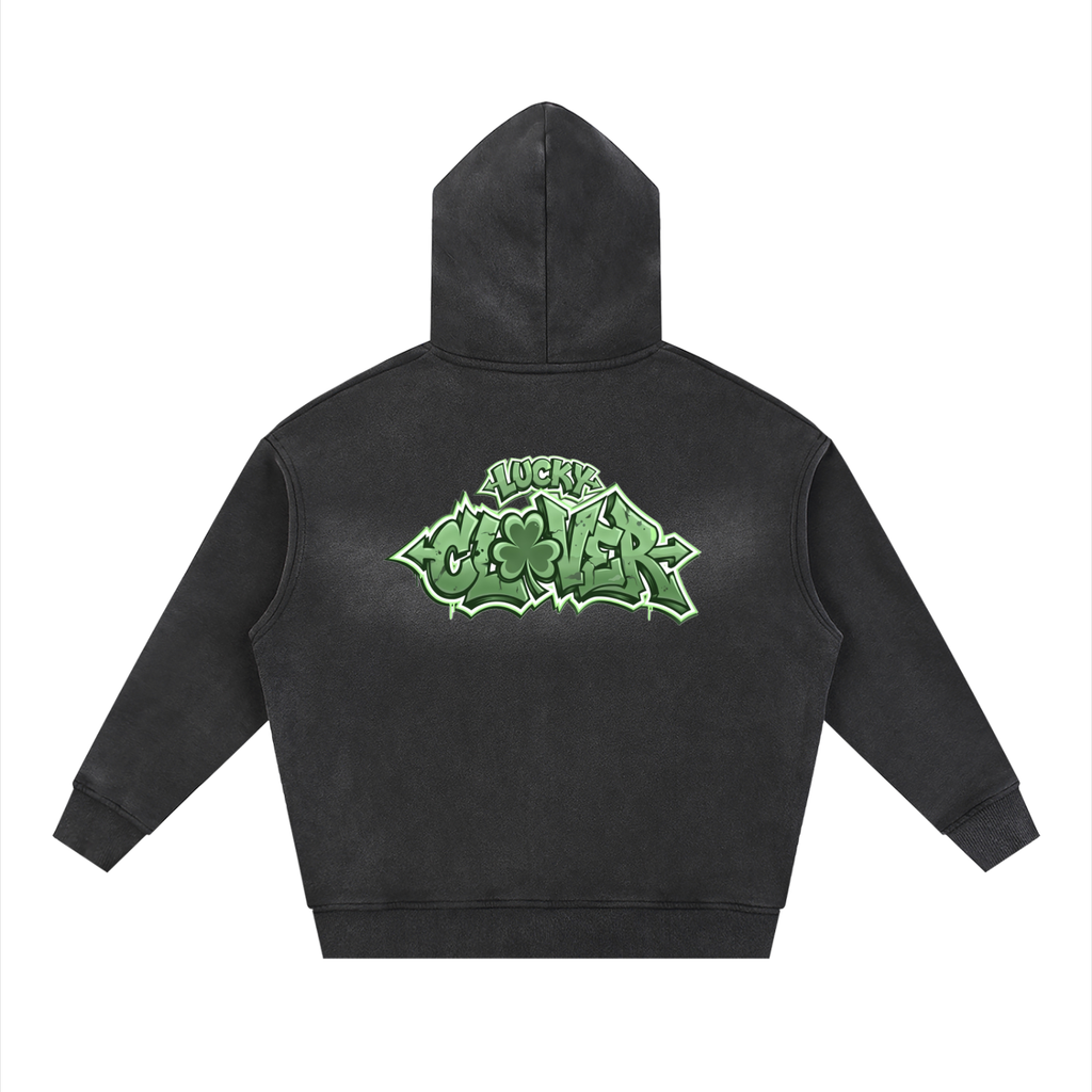 CLOVER faded Two-way Zipper Boxy Fleece Hoodie